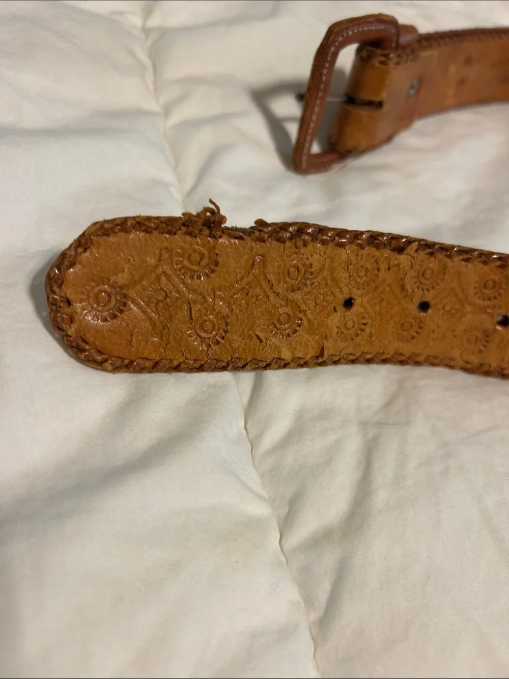 Viintage Mexico Leather Belt with Multicolor Woven Accent - Brown